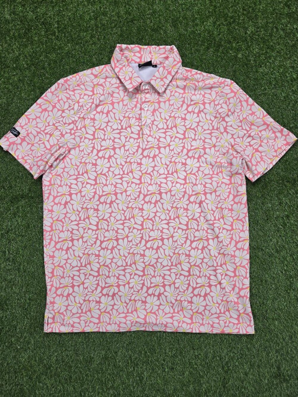 Sunday Swagger Polo Shirt Mens Large Pink Floral Golf Performance Stretch Daisy
